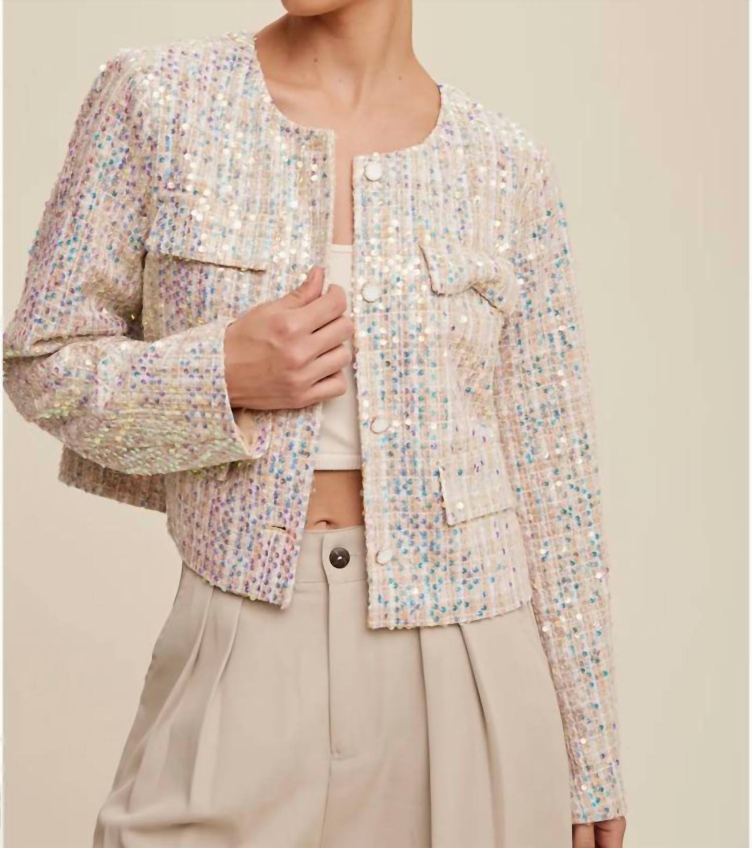 Listicle - Luxe Lights Sequin Cropped Tweed Jacket