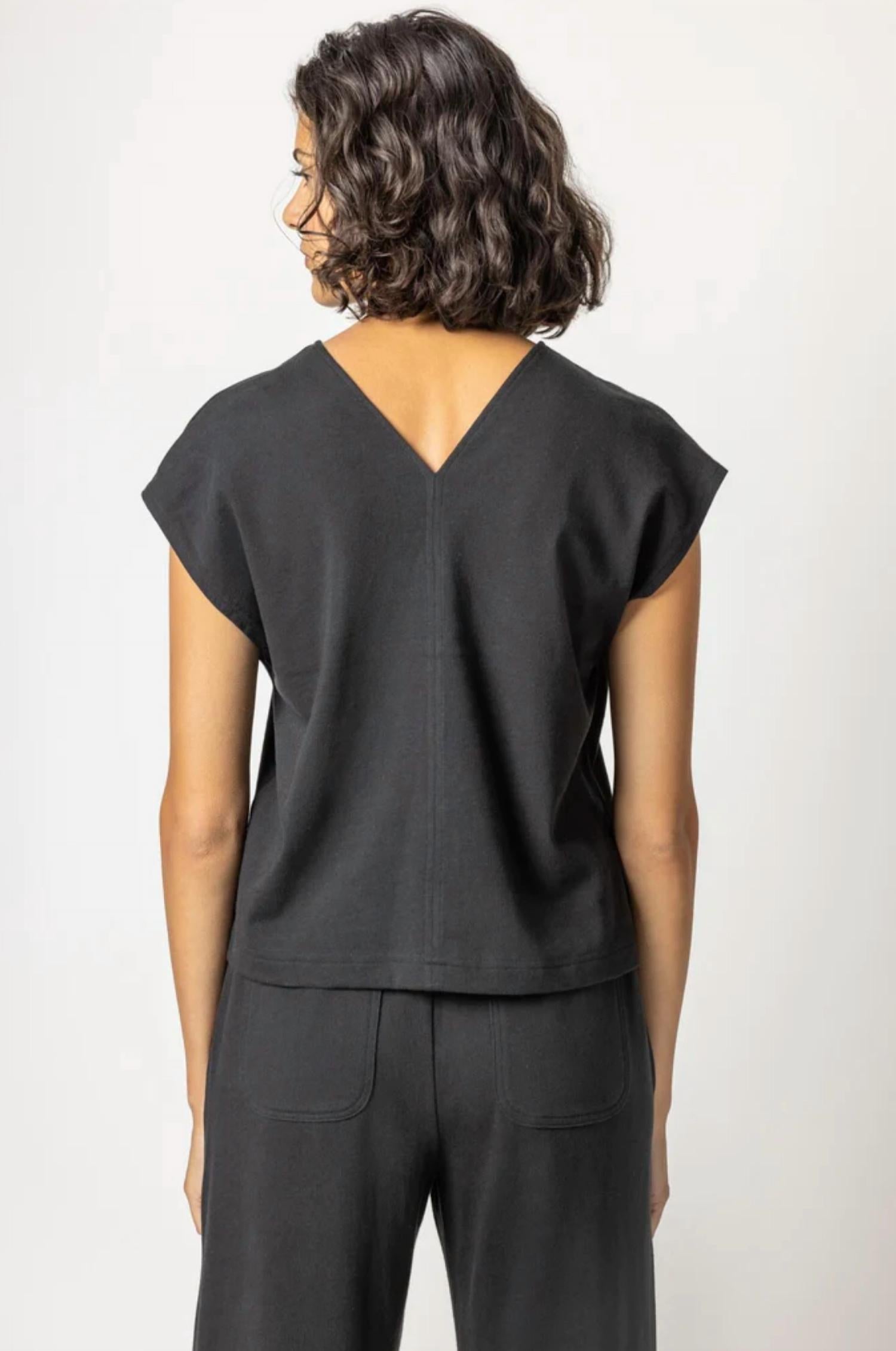 Lilla P Double V-Neck Tee in black - women's t-shirt - detail view