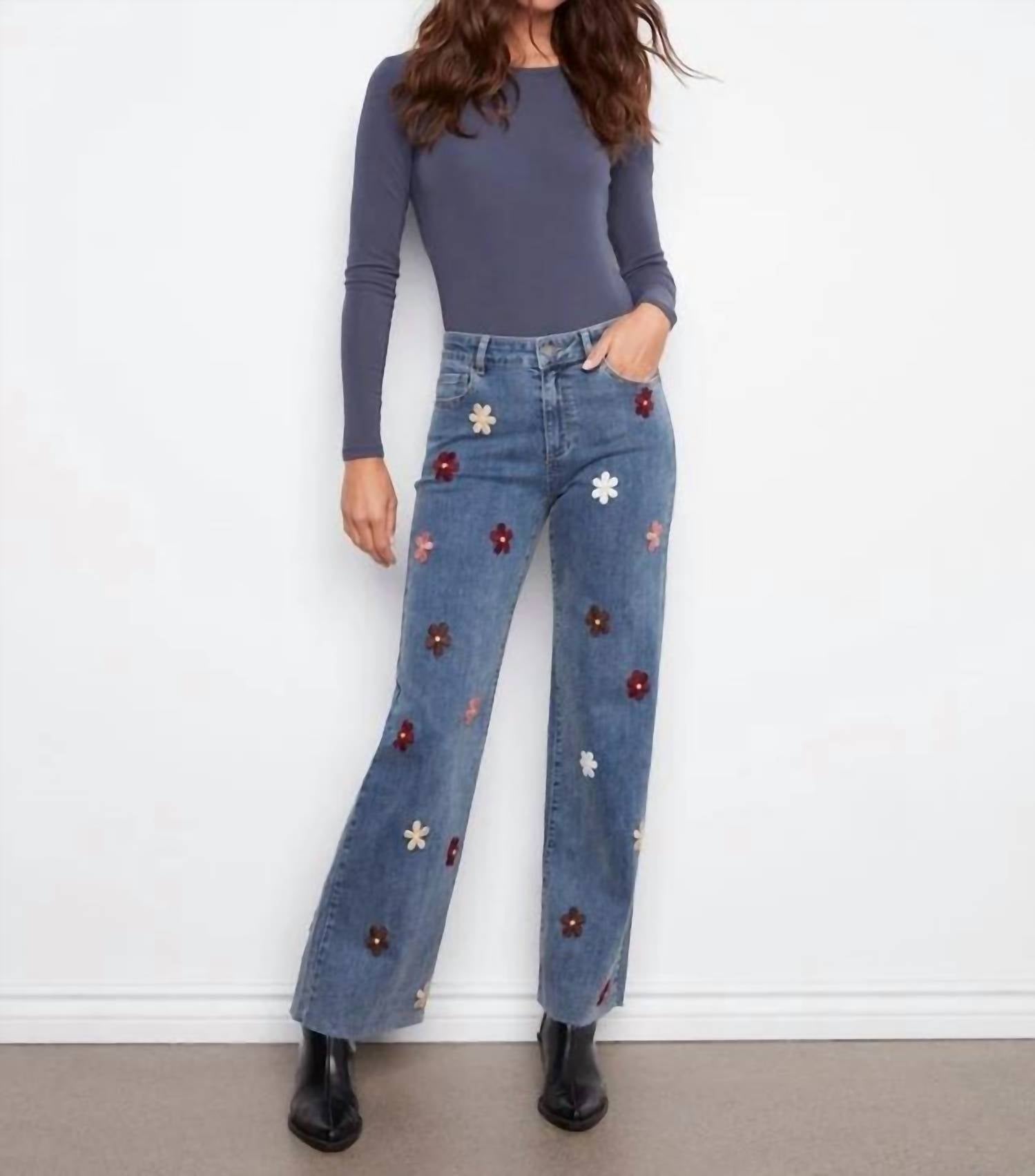 Charlie B - Wide Leg Stretch Flower Patches Jean