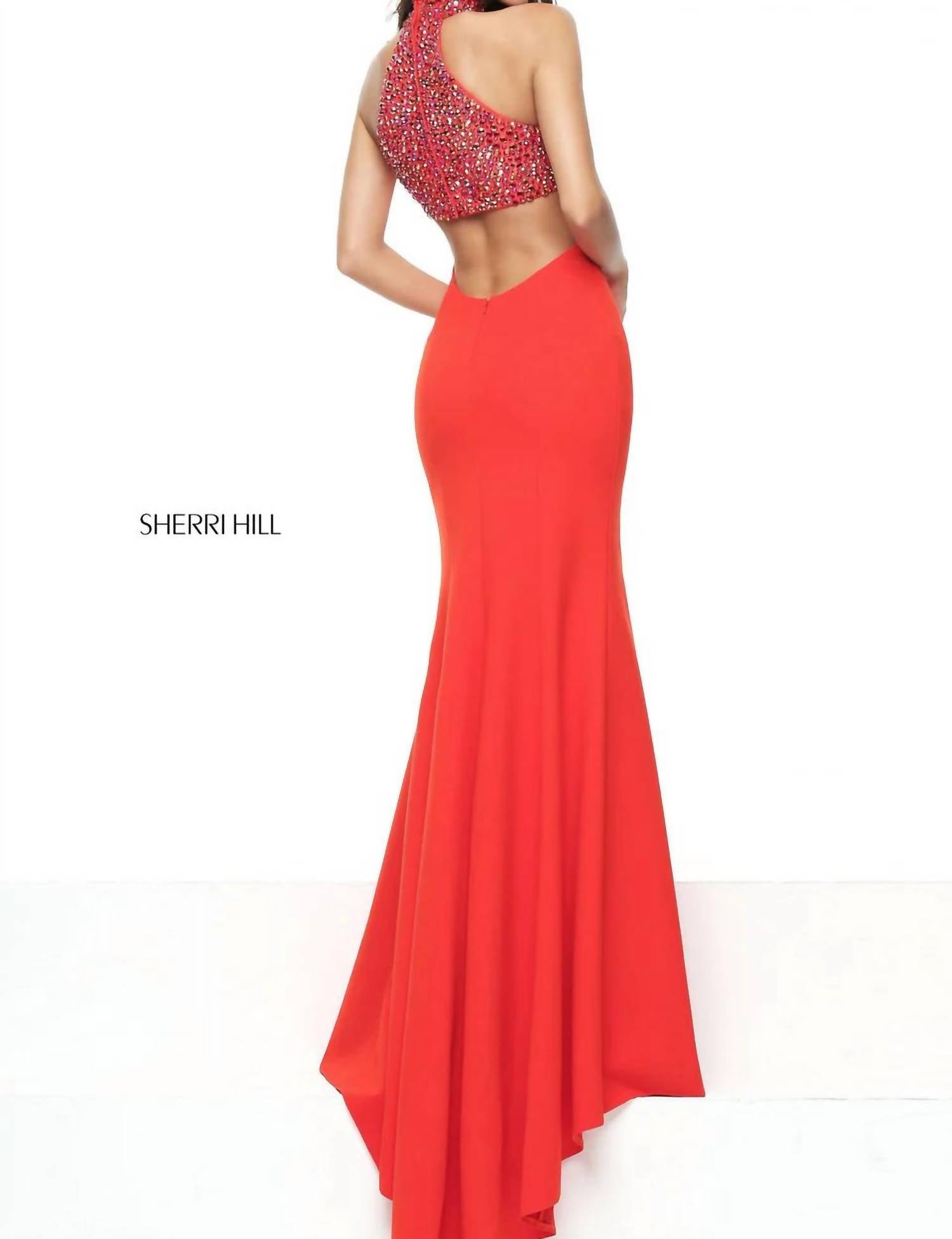 Sherri Hill Women's Beaded Halter Open Back Gown in orange - women's dress - alternate view