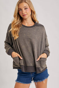 Bluivy - Washed Oversize Knit Sweatshirt With Pockets