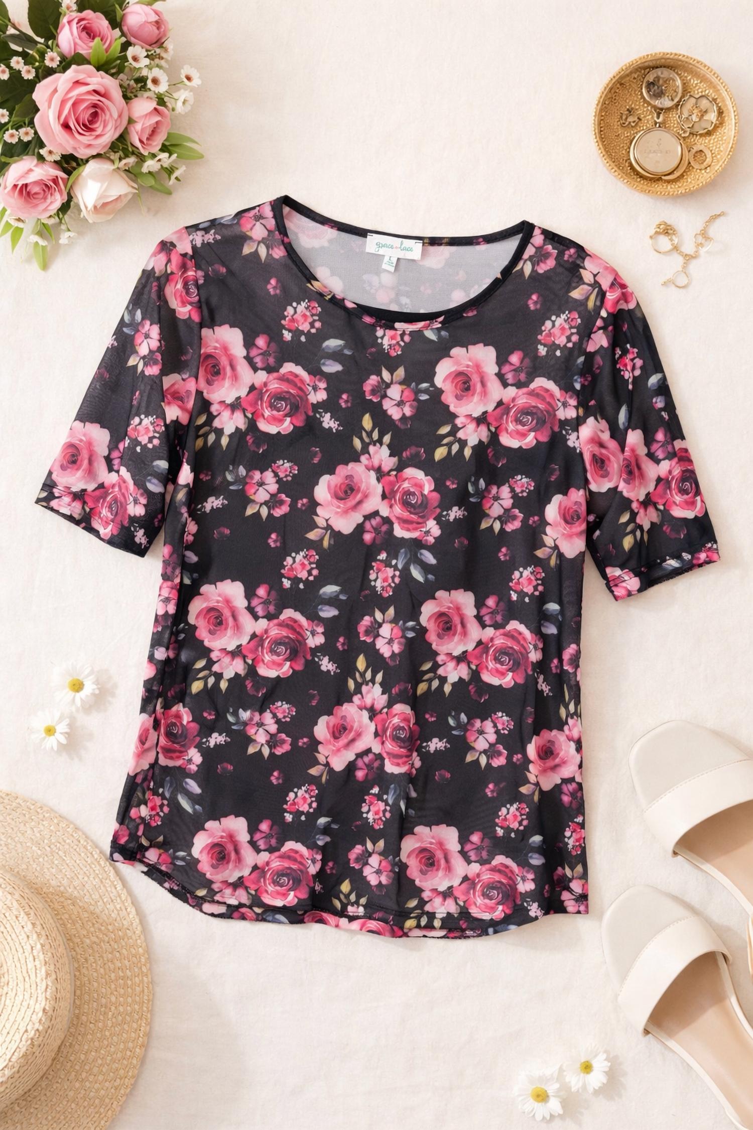 Grace and Lace Women's Rose Floral Mesh Top in black - women's shirt