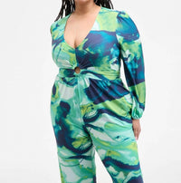 Nina Parker Long-sleeve Ring-detail Jumpsuit - Plus Size in neon marble - women's pants - view 4