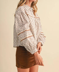 &Merci - Floral Lace Trim Button Up Top