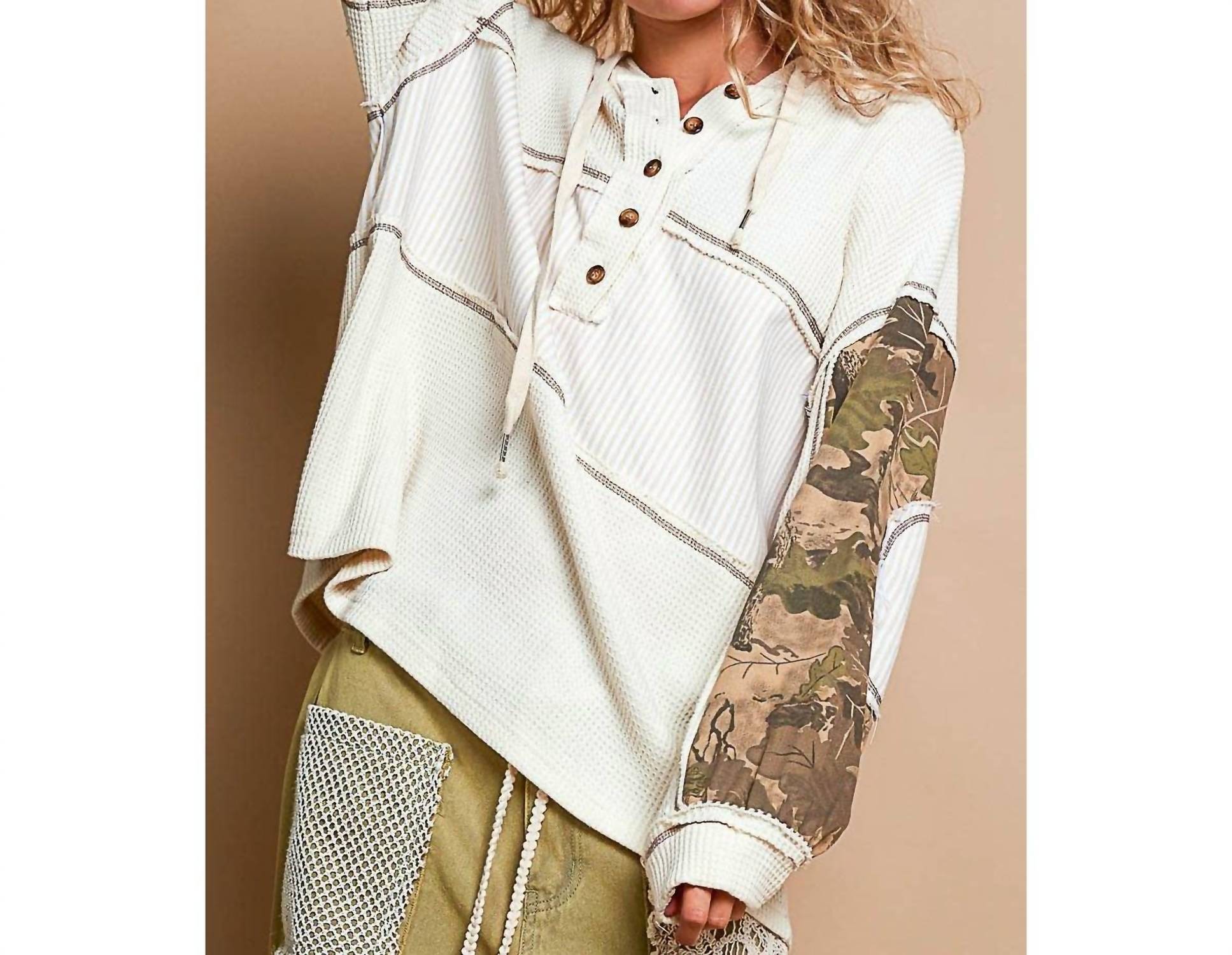 POL Printed Camo Sleeve Elbow Patches Top in cream - women's top - view 4