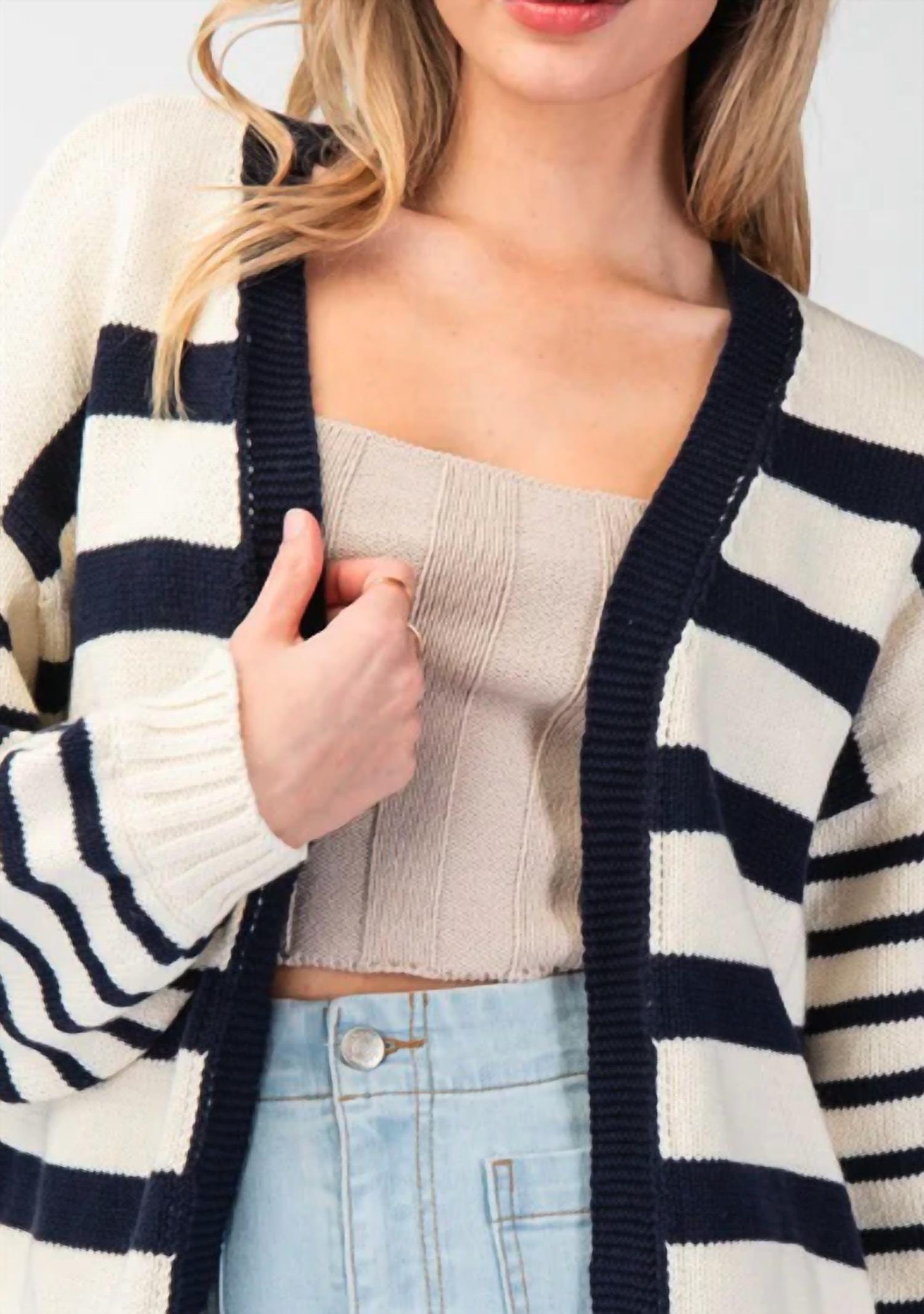 Ee:Some - Simple In Stripes Cropped Cardigan