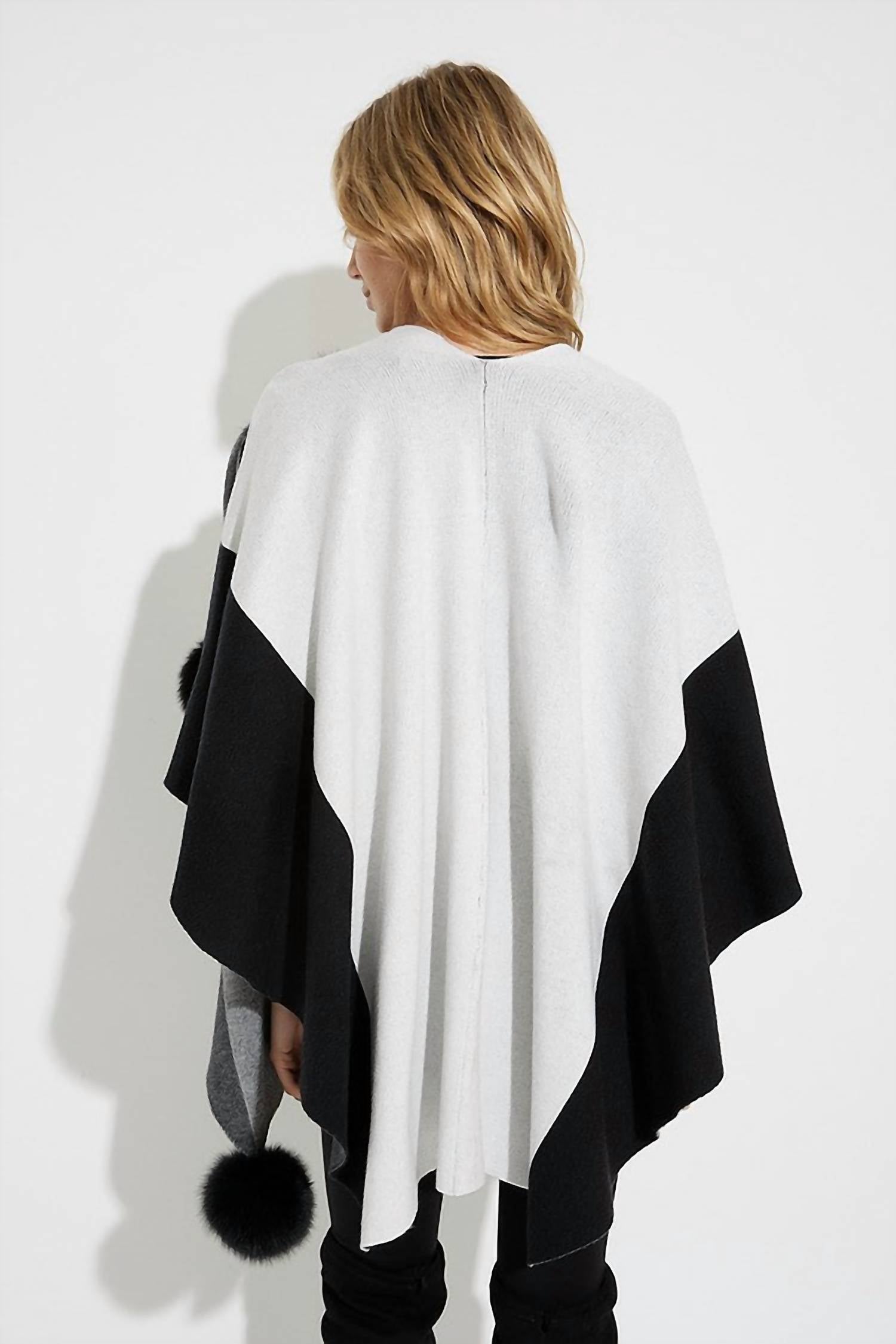 Joseph Ribkoff - Tamara Two-tone Poncho With Faux Fur Pom Poms