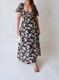 Blu Pepper Romanticize Puff Sleeve Floral Dress in black cream florals - women's dress