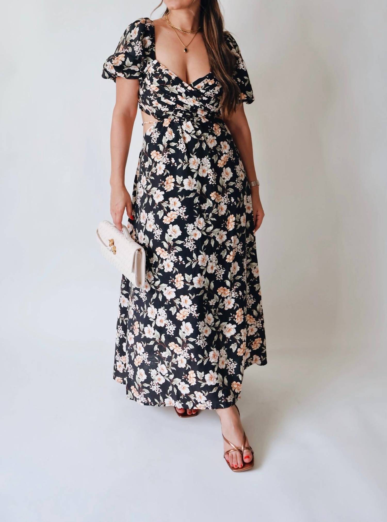 Blu Pepper Romanticize Puff Sleeve Floral Dress in black cream florals - women's dress