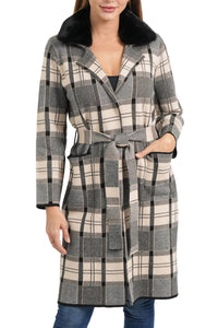 LOVE TOKEN Plaid Long Belted Cardigan Coat in beige multi - women's jacket - alternate view