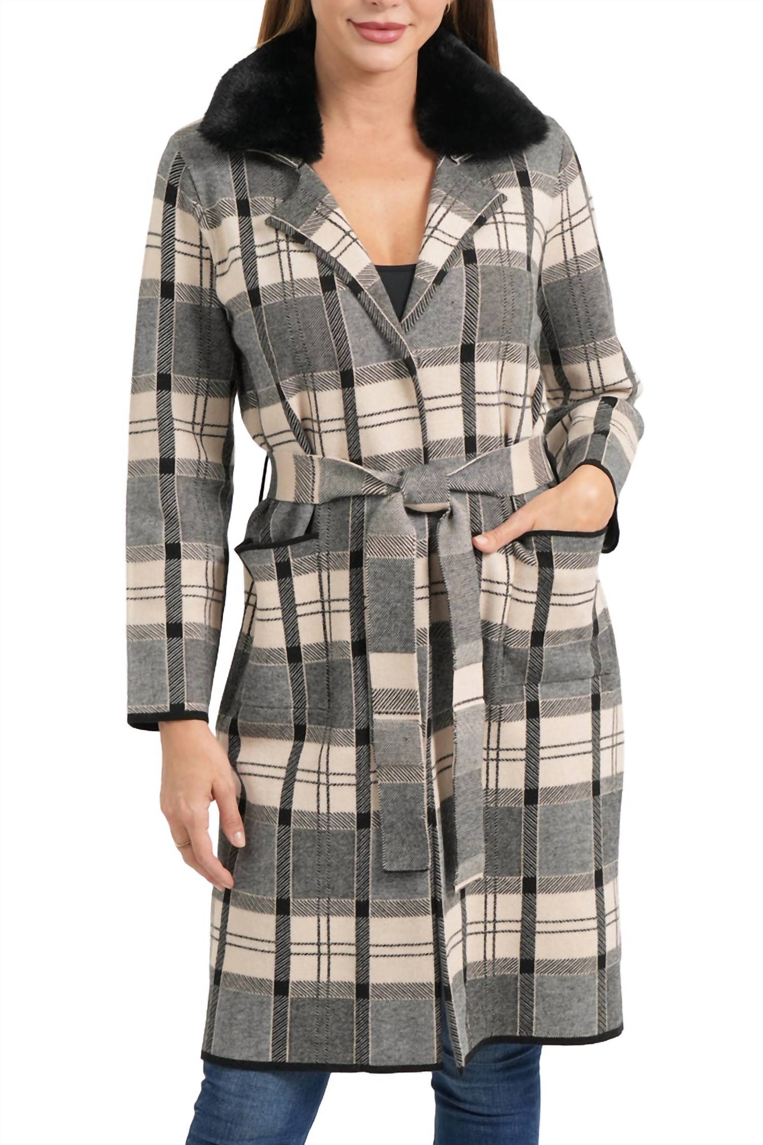 LOVE TOKEN Plaid Long Belted Cardigan Coat in beige multi - women's jacket - alternate view