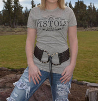 Cowgirl Justice You Gonna Pull Those Pistols Tee in light gray - women's t-shirt - detail view