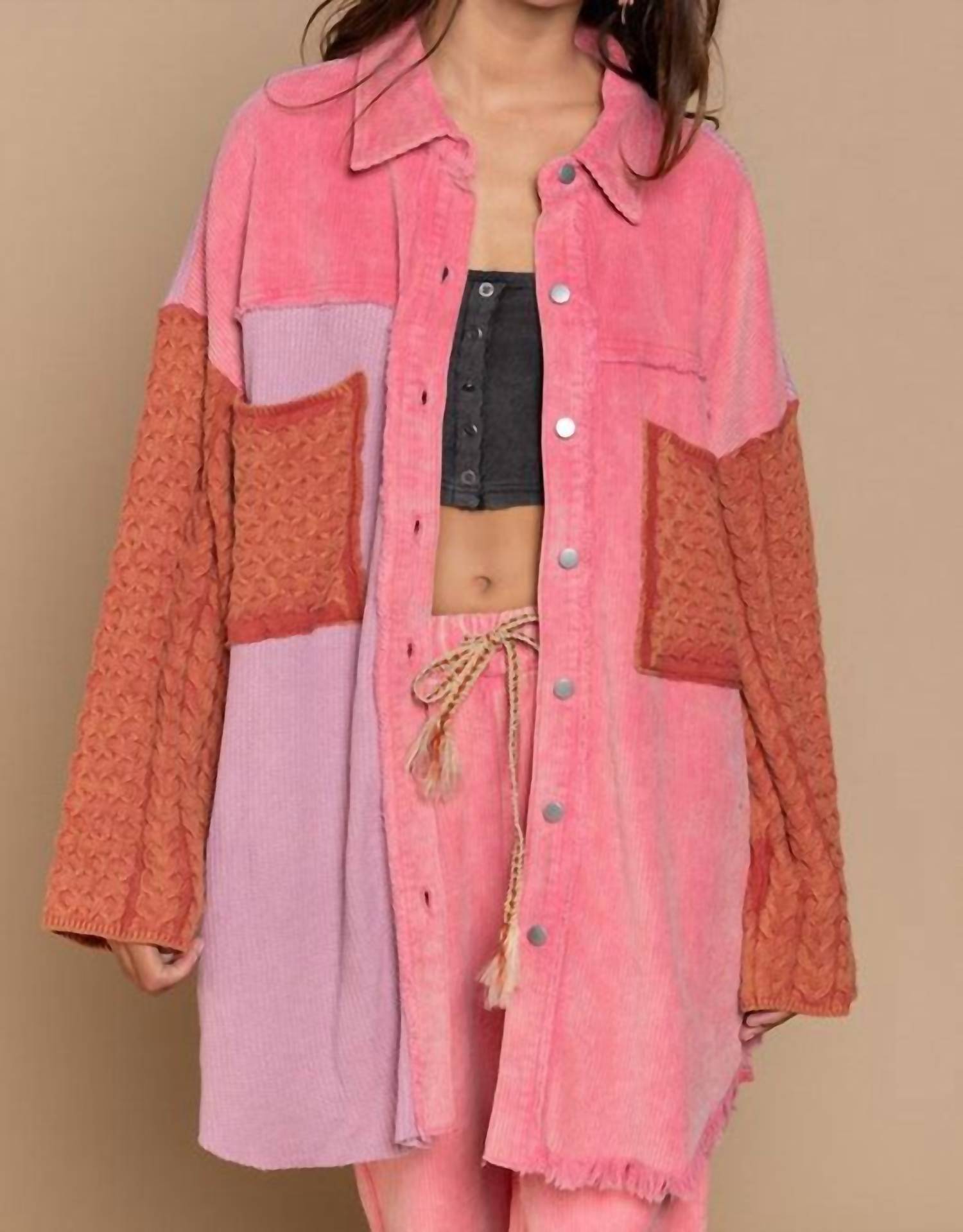 Pol - Mixed Media Sweater Sleeve Shacket - Plus