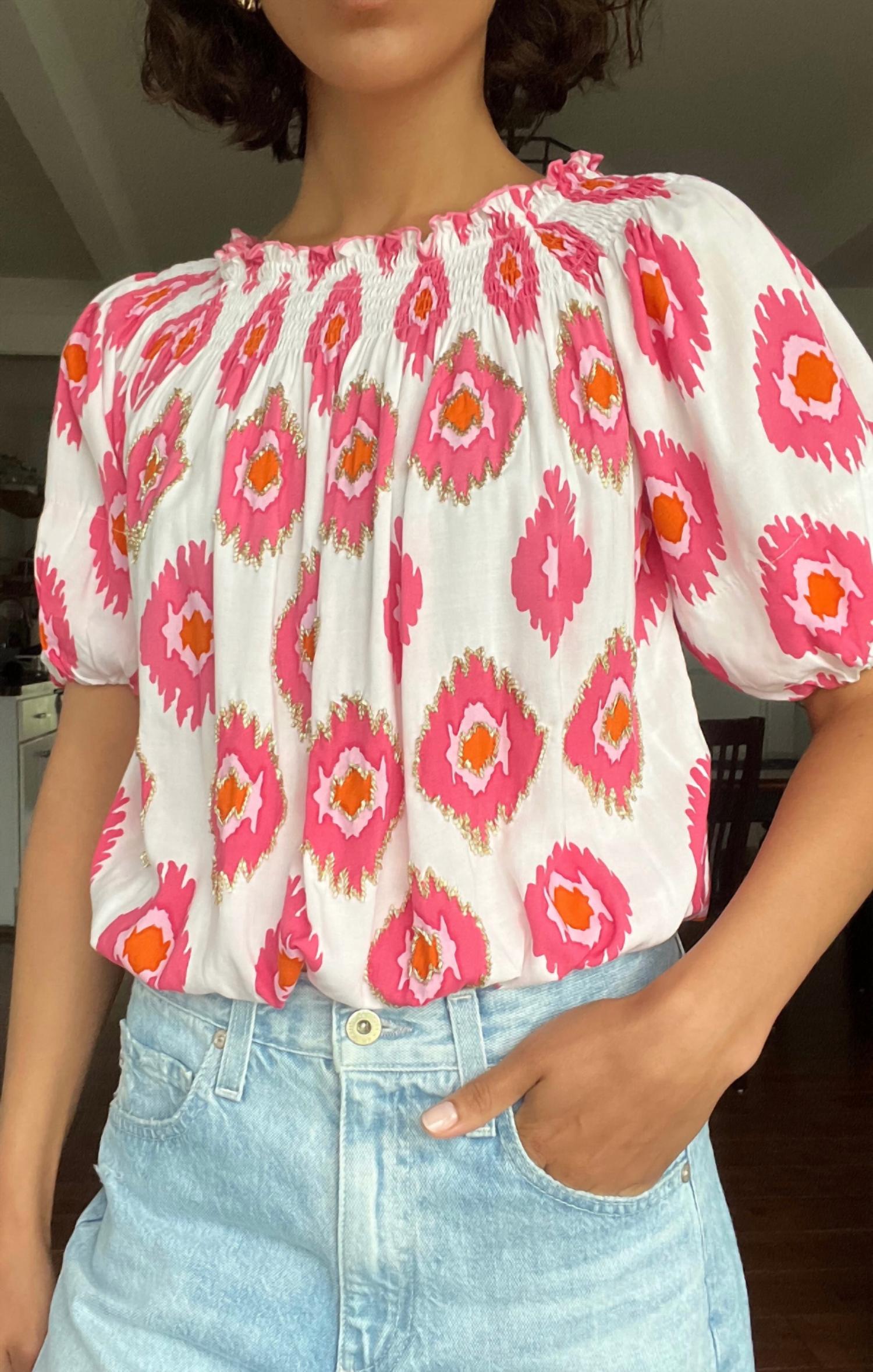 Mint Exclusives Ikat Dye Aloha Top in pink - women's blouse - detail view