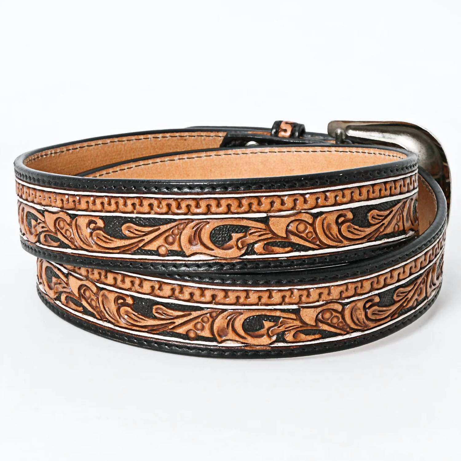 American Darling Women's Tooled Leather Western Belt in black and brown - women's accessory - detail view
