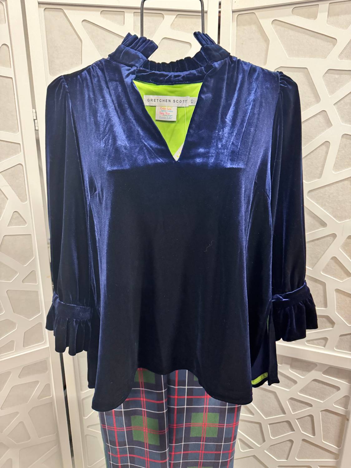 Gretchen Scott - Ruffle Neck Velvet Tunic Top