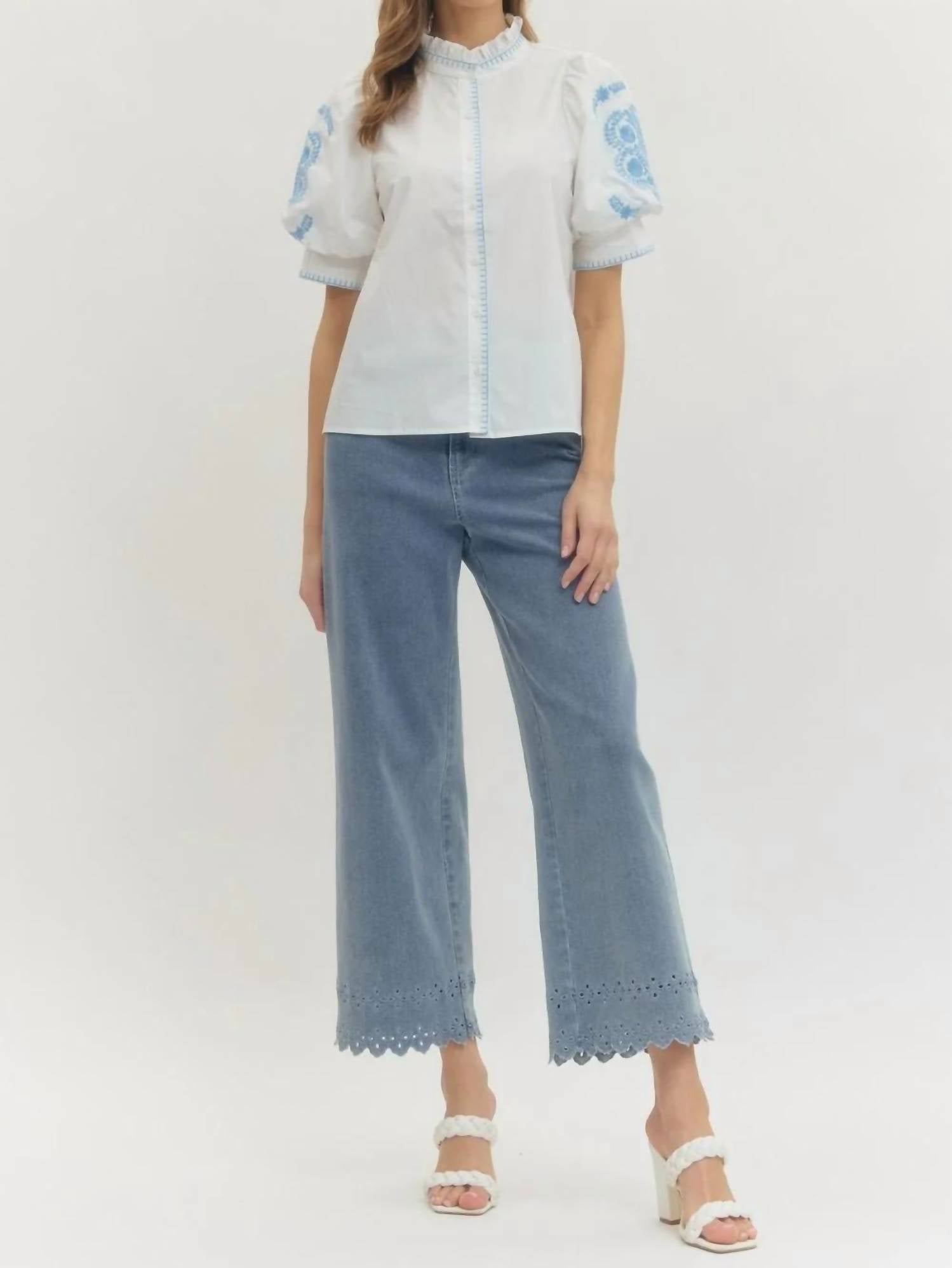 Entro - Women's Floral Embroidered Puff Sleeve Top