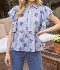Voy - PEPLUM FLORAL AND STRIPED SHORT RUFFLE SLEEVE TOP