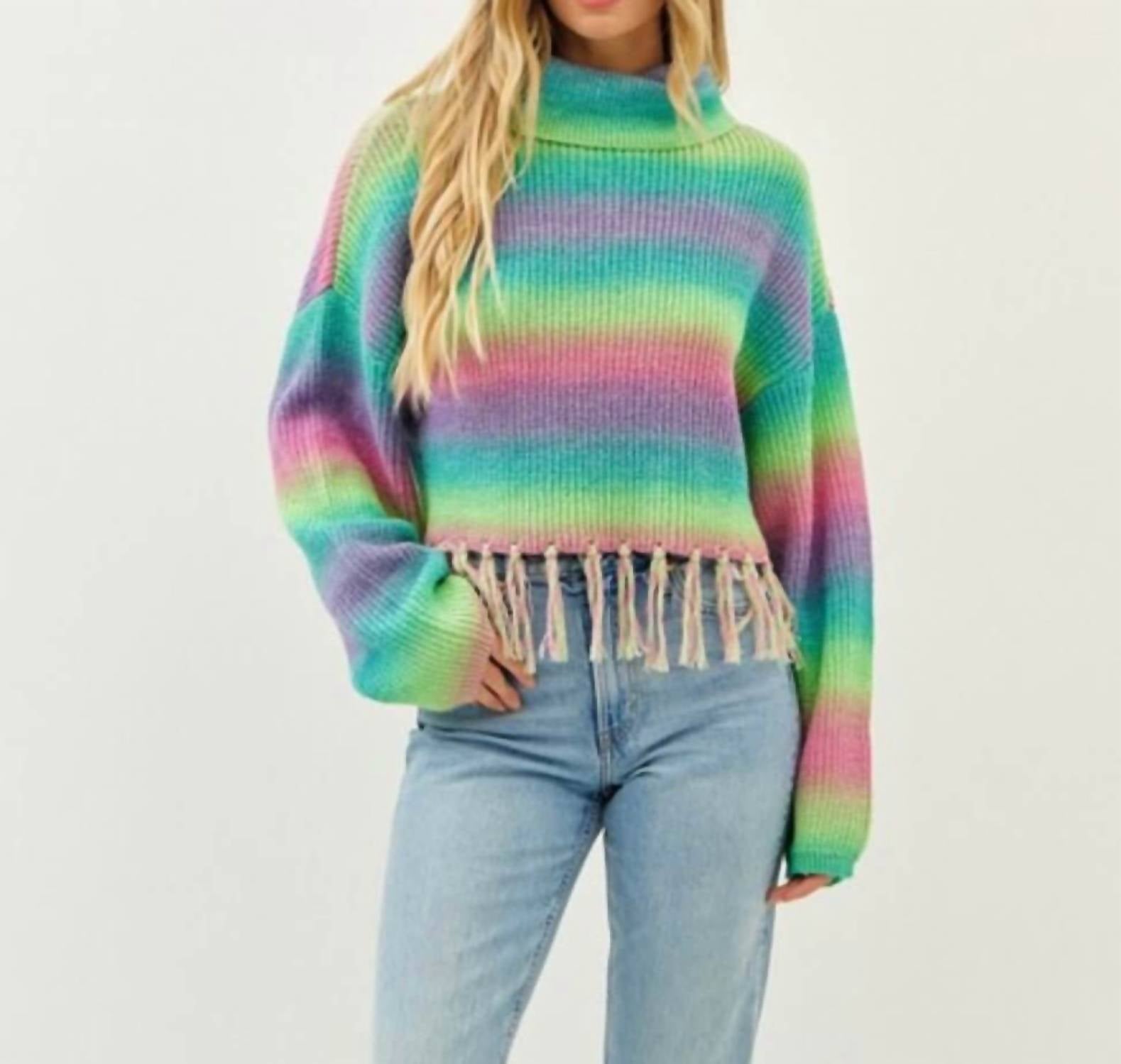 Idem Ditto - Addie Colorful Striped Sweater With Fringe