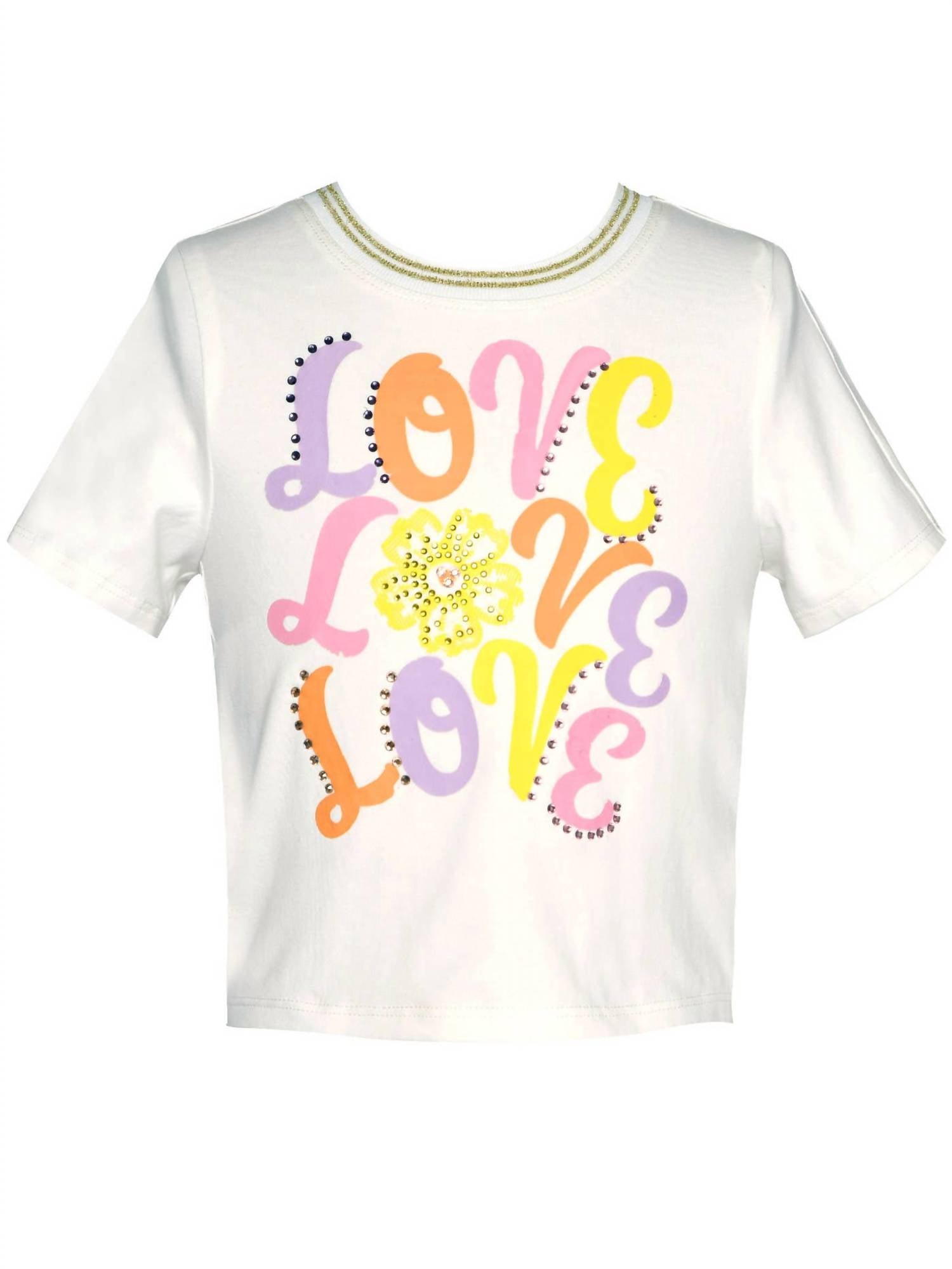 Hannah Banana Little Girl’s Short Sleeve Crop Top With Love Multi Graphic in white - women's shirt