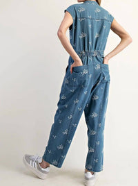 Ee:Some - Floral Embroidered Denim Cap Sleeve Jumpsuit