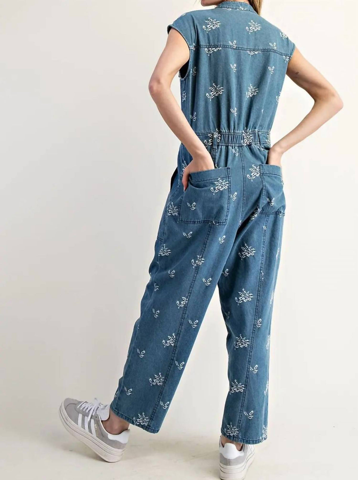 Ee:Some - Floral Embroidered Denim Cap Sleeve Jumpsuit