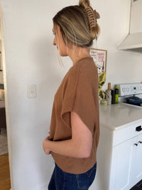 PINCH Gia V Neck Knit Sleeveless Top in camel brown - women's sweater - detail view