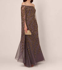 Adrianna Papell - Off The Shoulder Beaded Cape Gown