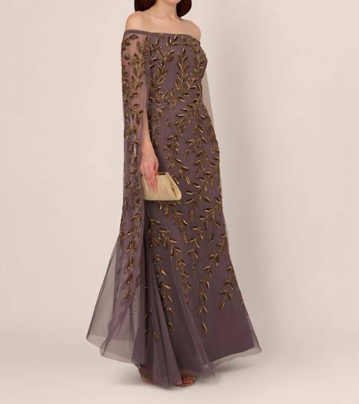 Adrianna Papell - Off The Shoulder Beaded Cape Gown
