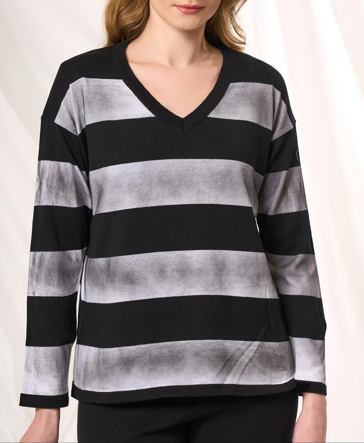 Angel Apparel Stripe V-neck Sweater in black - women's sweater
