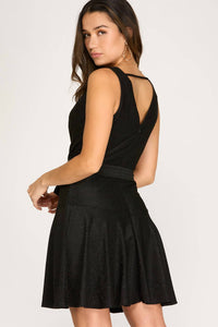 She + Sky - Sleeveless Cowl Neck Lurex Flare Dress With Sash