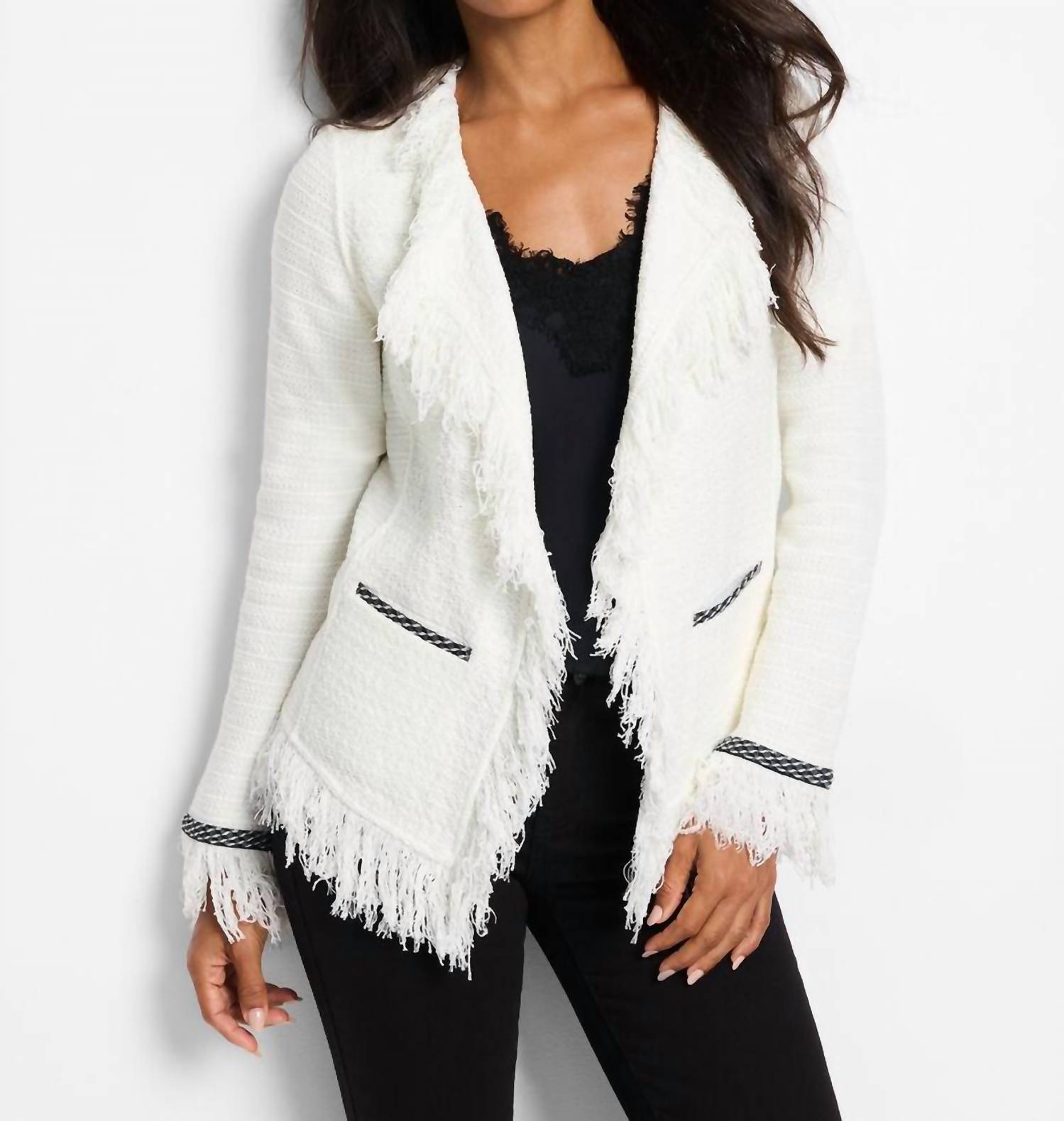 Nic + Zoe Sonia Statement Fringe Mix Knit Jacket in classic cream - women's jacket