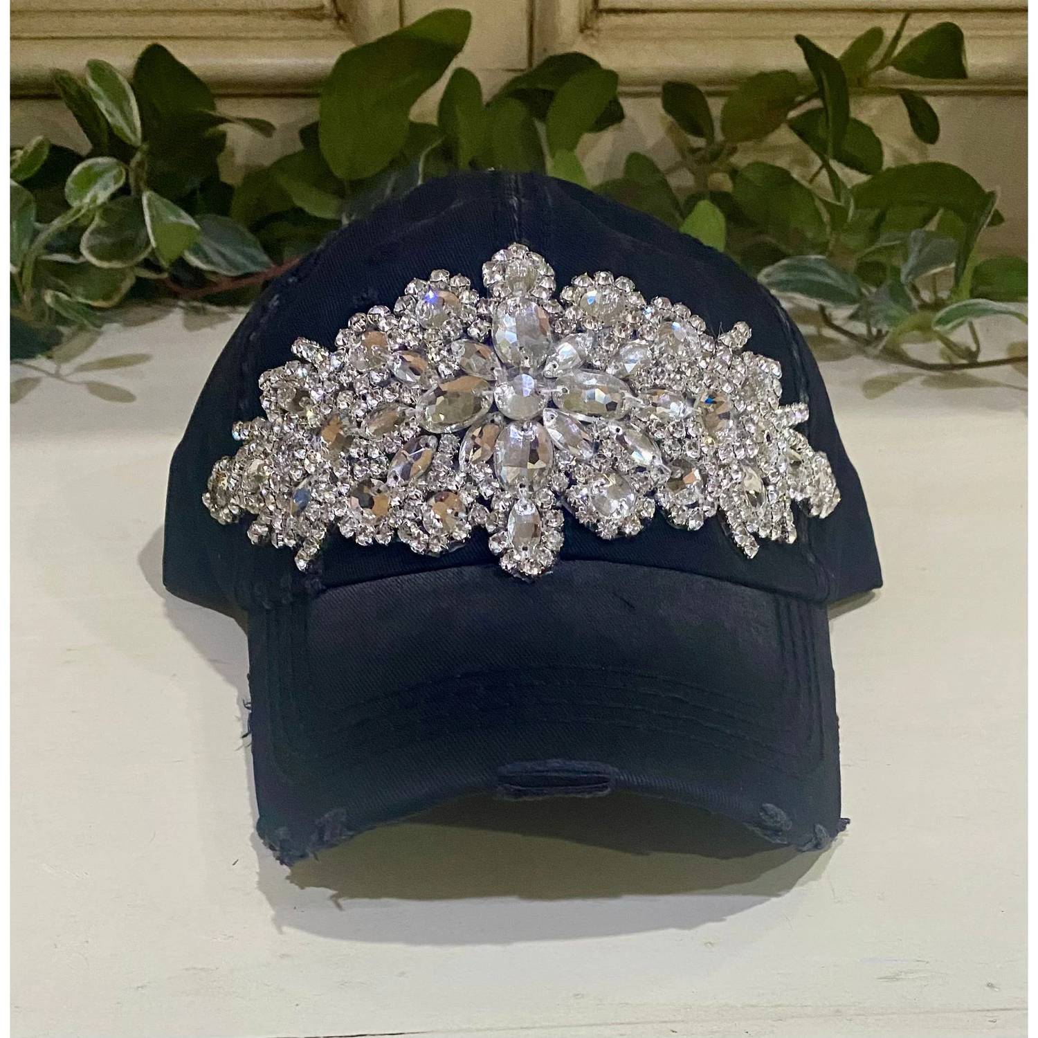 Olive & Pique - Glitz Distressed Baseball Cap With Rhinestones