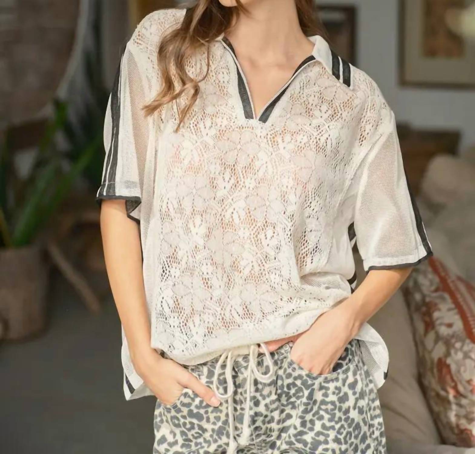 Aaron & Amber - Sporty Oversized Lace Polo Tee