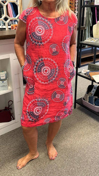 Femme Fatale Linen Print Midi Dress in scarlet - women's dress