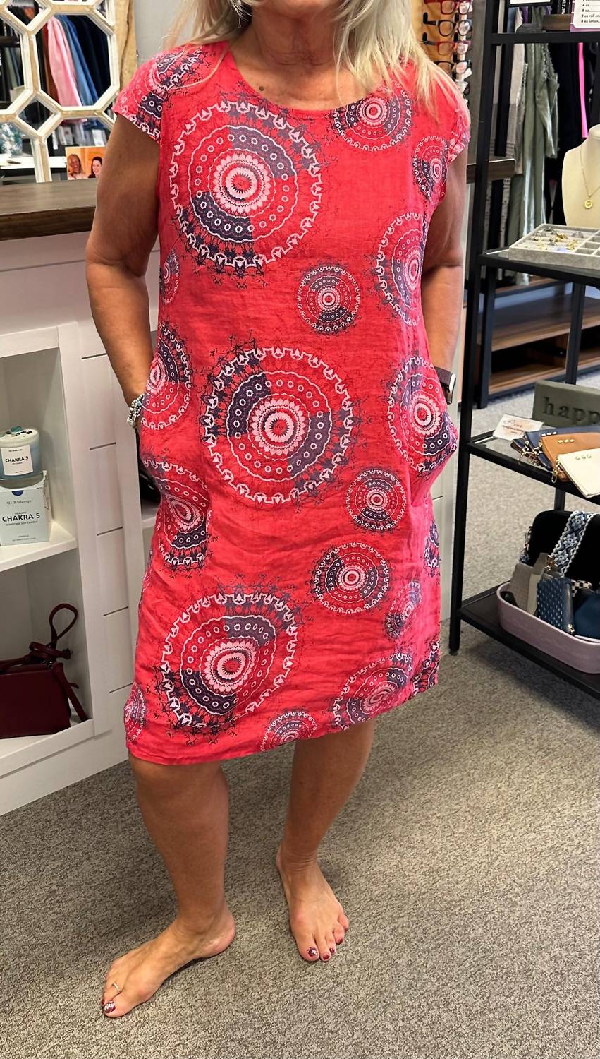 Femme Fatale Linen Print Midi Dress in scarlet - women's dress