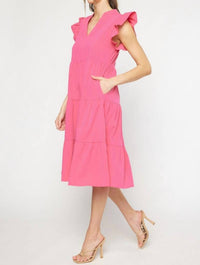 entro Ruffled Pocket Tiered Midi Dress in hot pink - women's dress - view 4