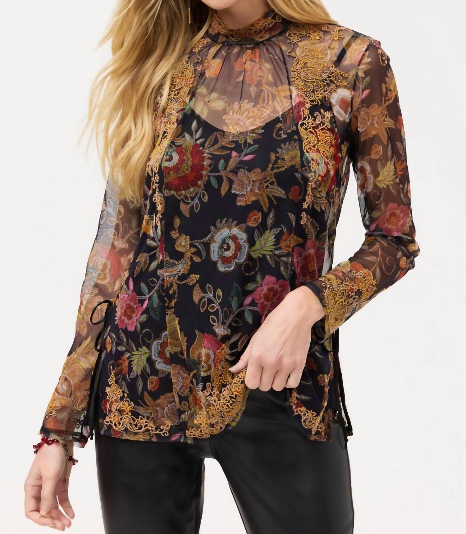Johnny Was Women's Francisca Mesh Blouse in multi - women's long sleeve top - detail view