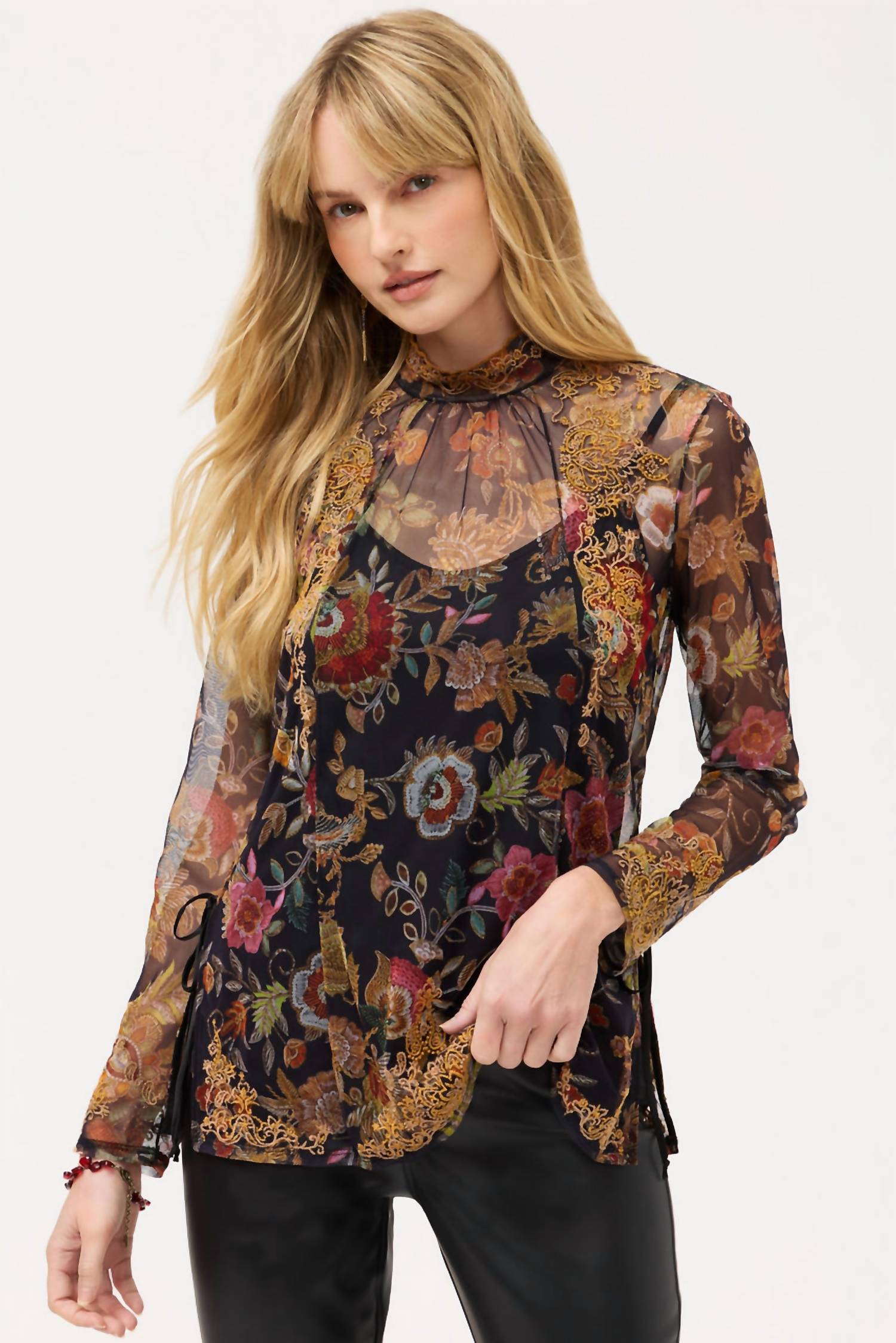 Johnny Was Women's Francisca Mesh Blouse in multi - women's long sleeve top - alternate view