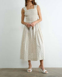 Creamon Margot Retro Bow Tie Back Smocked Midi Dress in beige - women's dress
