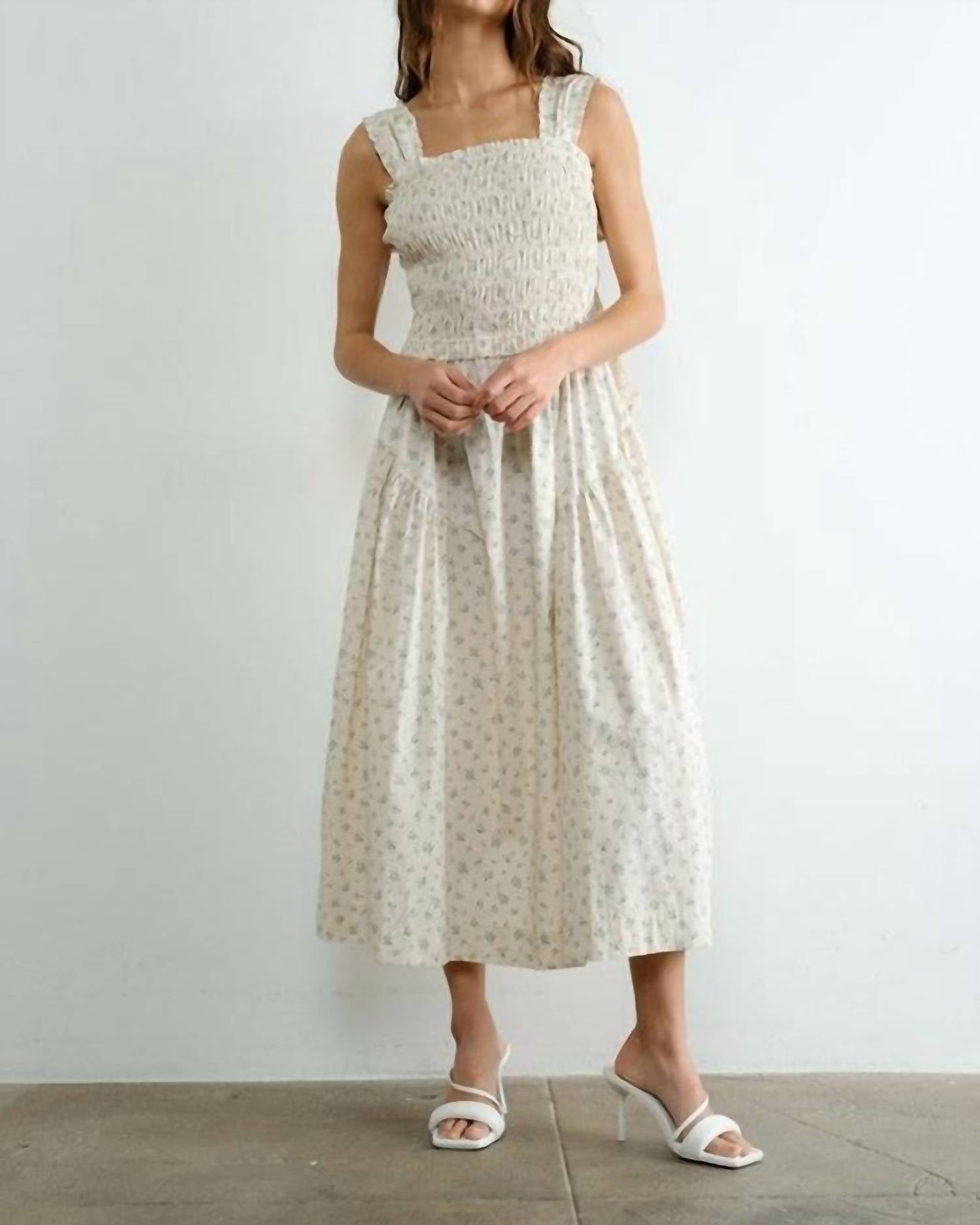Creamon Margot Retro Bow Tie Back Smocked Midi Dress in beige - women's dress