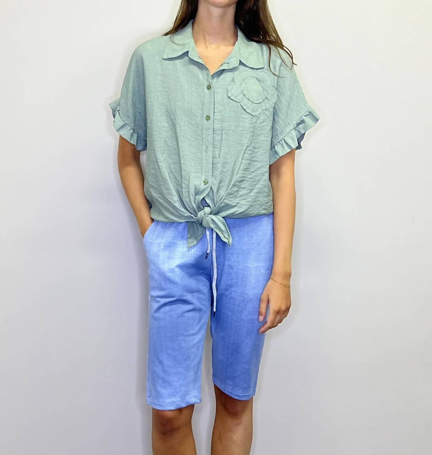 Papillon - Short Sleeve Tie Top With Floral Detail
