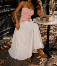 Surelymine - Strapless Button-Front Color Block Maxi Dress