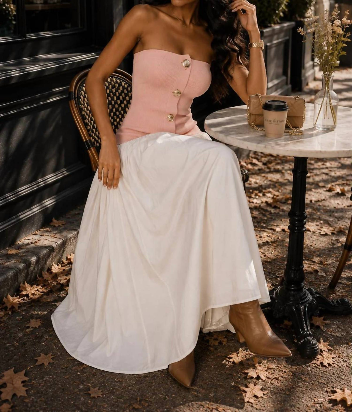 Surelymine - Strapless Button-Front Color Block Maxi Dress