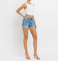 Vervet By Flying Monkey - High Rise Patched Double Cuffed Denim Shorts