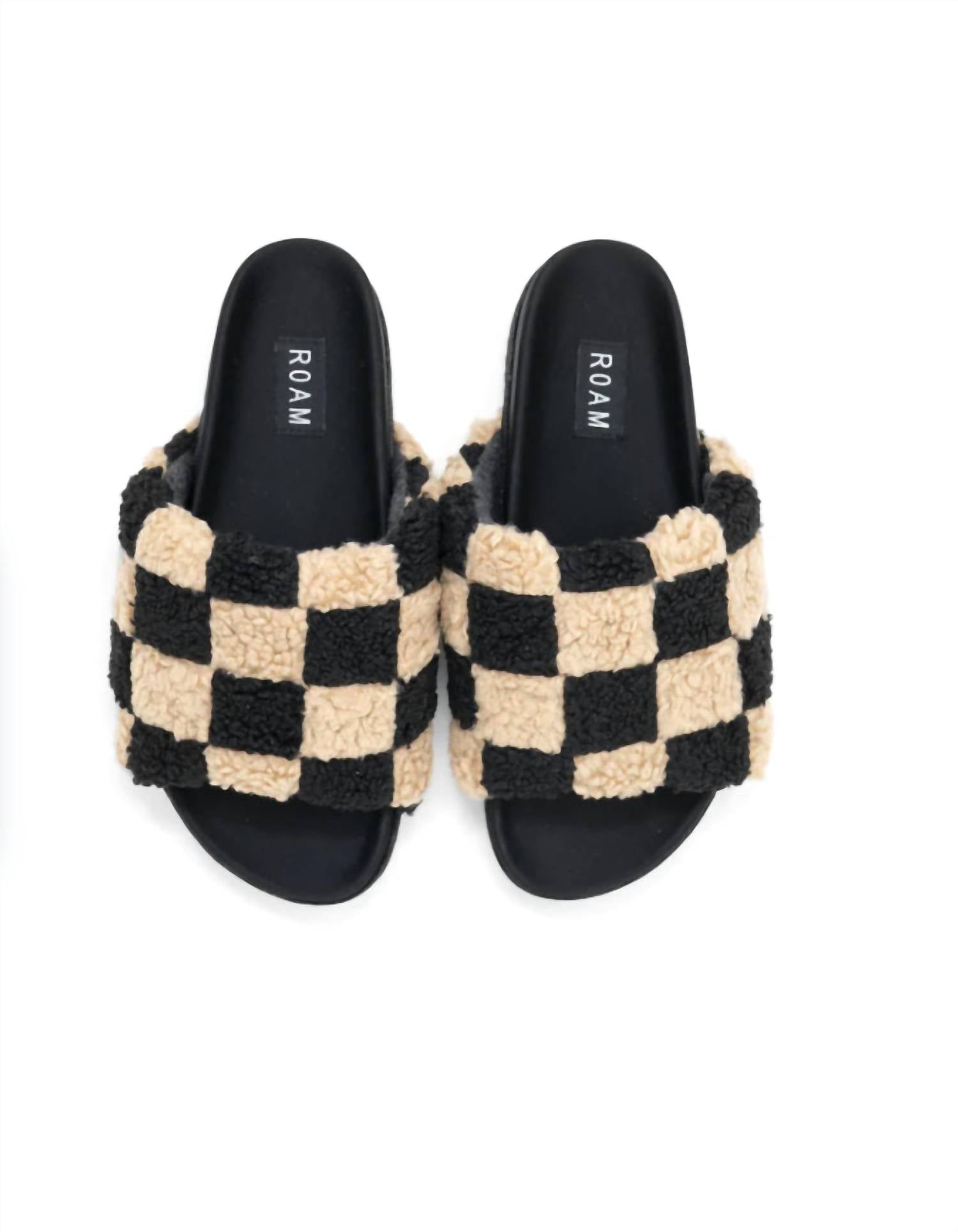 ROAM Women's Fuzzy Check Slides in beige black faux shearling - women's shoe - detail view