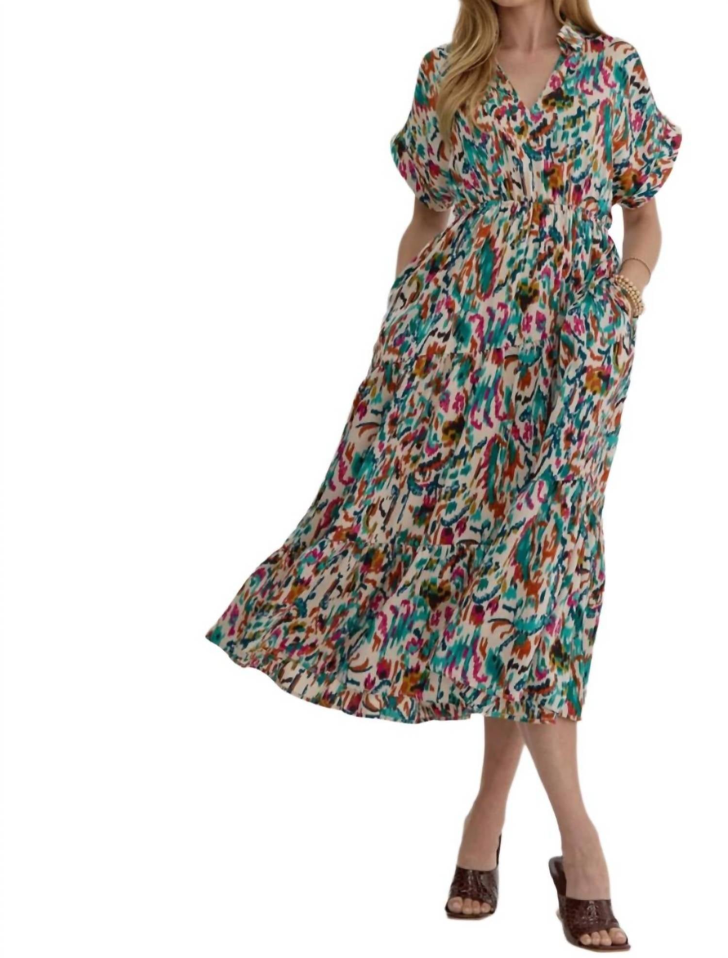 Entro - Satin V-neck Collared Midi Dress