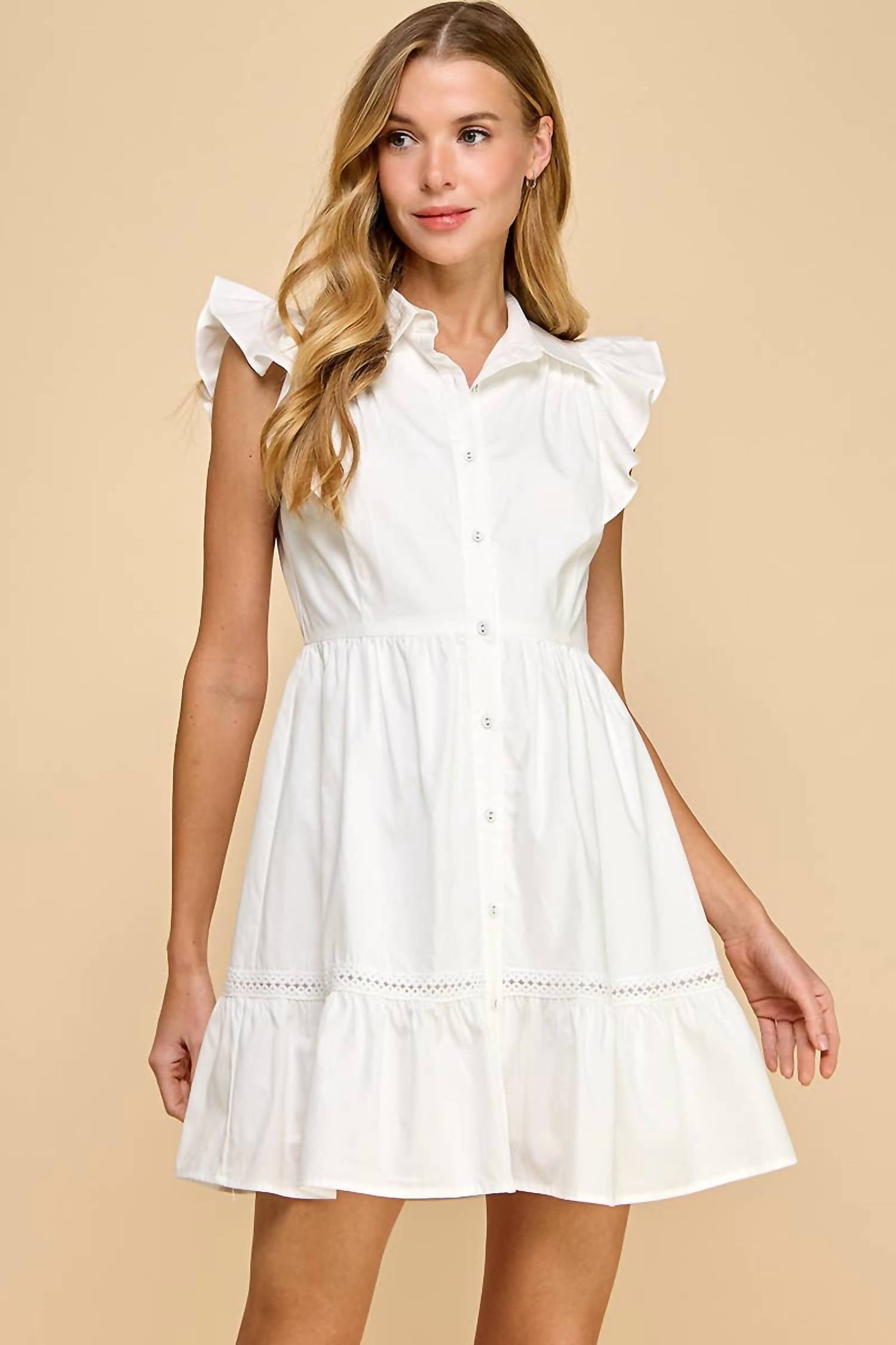Tcec - Fit And Flare Button Up Ruffled Sleeves Dress