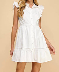 Tcec - Fit And Flare Button Up Ruffled Sleeves Dress