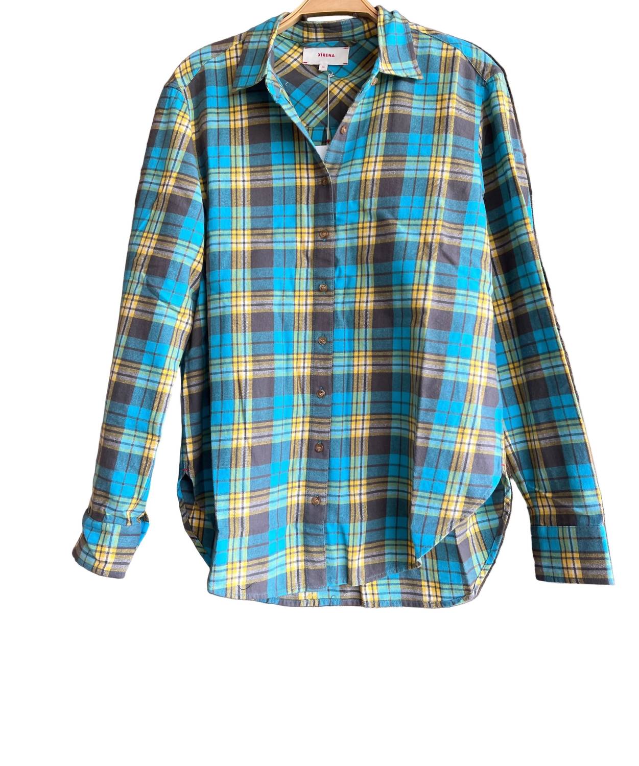 XIRENA Women's Beau Plaid Flannel Shirt in turquoise yellow - women's long sleeve top